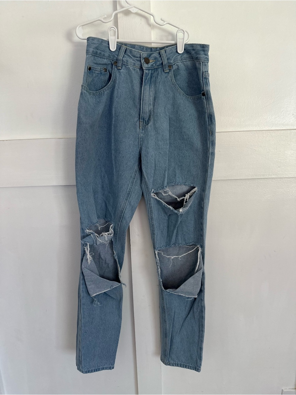 High-Waist Distressed Light Blue Denim Mom Jeans
